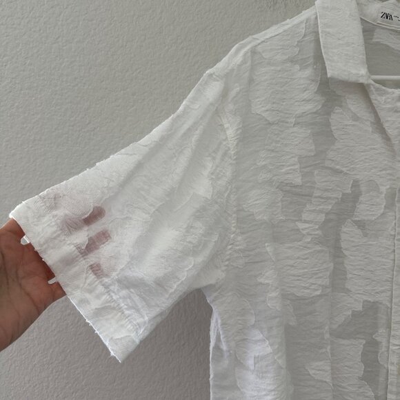 Zara Men's Casual Button Up Shirt Jacquard Short Sleeve Minimalist Airy White SZ - Picture 5 of 11